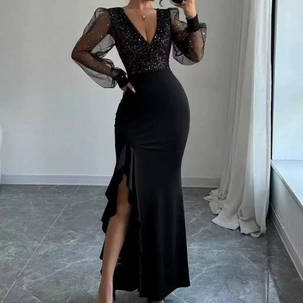 Elegant and sexy V-neck, high-waisted, form-fitting sequined elastic long dress